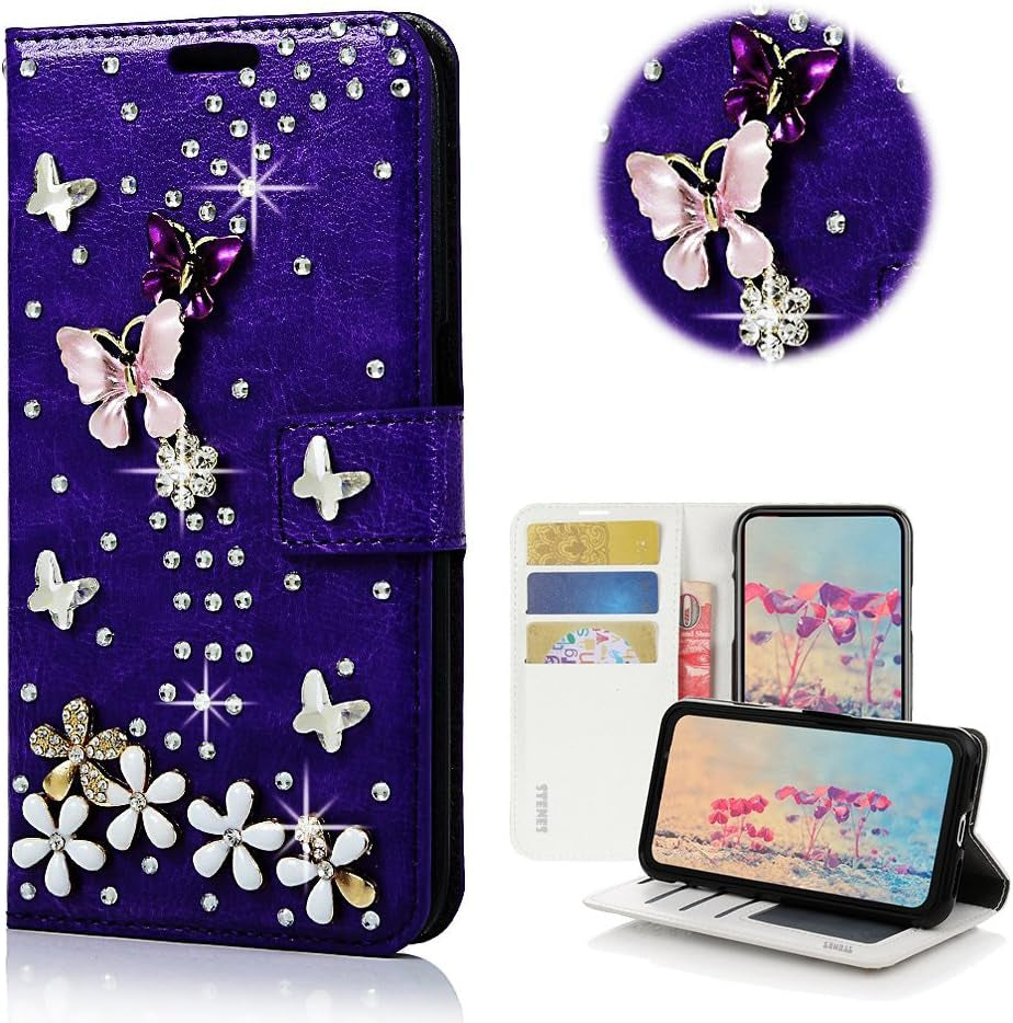 STENES LG G6 Case, LG G6 plus Case - STYLISH - 3D Handmade Bling Crystal Dance Butterfly Design Wallet Credit Card Slots Fold Stand Leather Cover Case for LG G6/LG G6 plus - Pink  STENES S-Link Butterfly Floral / Purple  