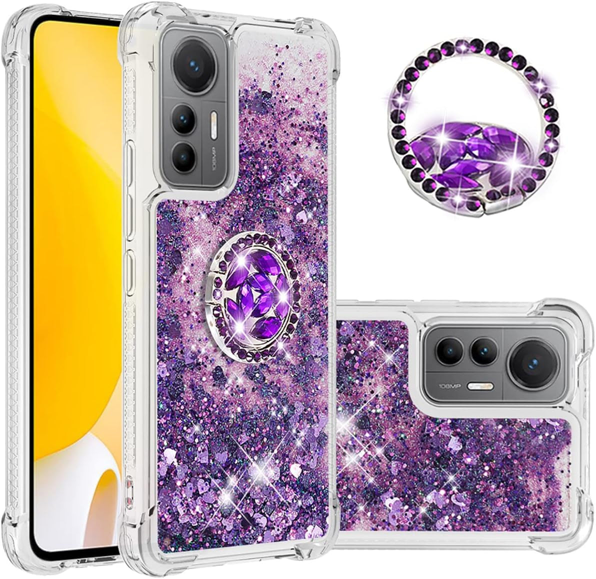 Ccsmall Glitter Clear Sparkly Bling Case for Xiaomi 12 Lite, Rugged Shockproof Flowing Liquid Floating Cover for Women with Ring Holder Phone Case for Xiaomi 12 Lite LSZ Purple  CCSmall   