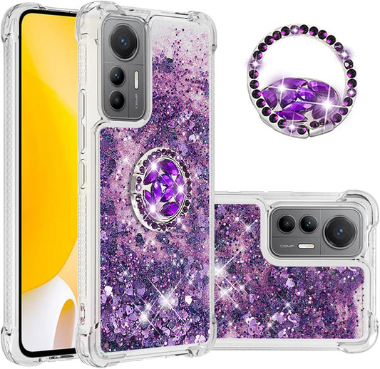 Ccsmall Glitter Clear Sparkly Bling Case for Xiaomi 12 Lite, Rugged Shockproof Flowing Liquid Floating Cover for Women with Ring Holder Phone Case for Xiaomi 12 Lite LSZ Purple  CCSmall   