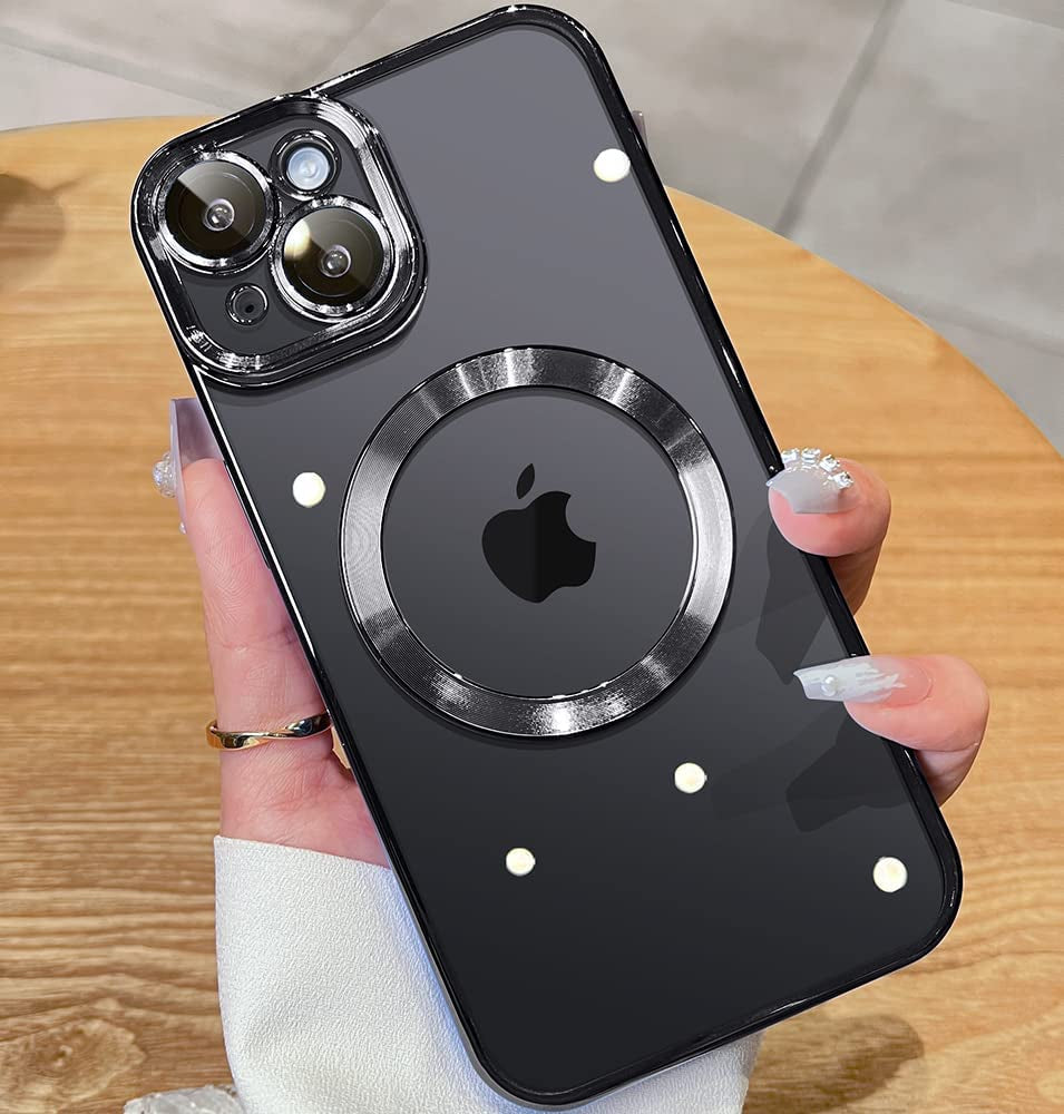 JUESHITUO Magnetic Matallic Glossy Clear for Iphone 14 Case with Full Camera Cover Protection [No.1 Strong N52 Magnets] [Military Grade Drop Protection] for Women Girls Phone Case (6.1")-Silver  JUESHITUO D-Black  
