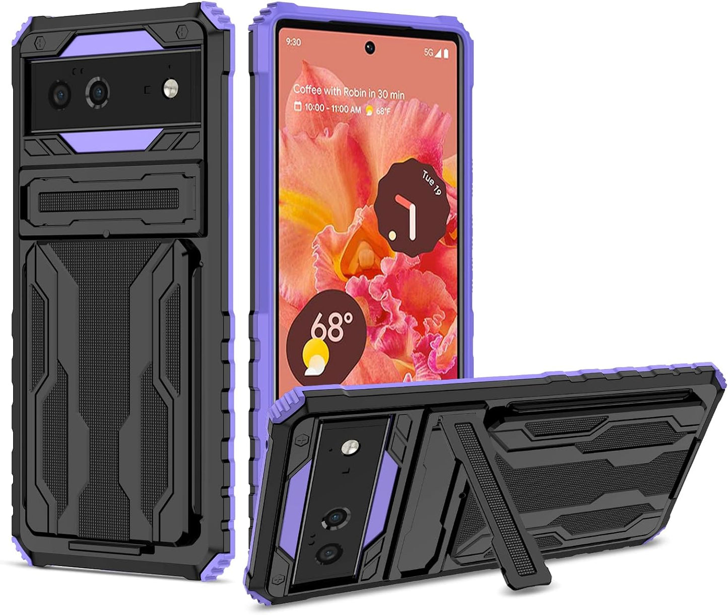 Military Grade Shockproof Heavy Duty Protective Case for Google Pixel 6 5G 2021 with Built-In Kickstand and Credit Card Slots Holder Fior Google Pixel 6 5G  Joie & Joho Purple  