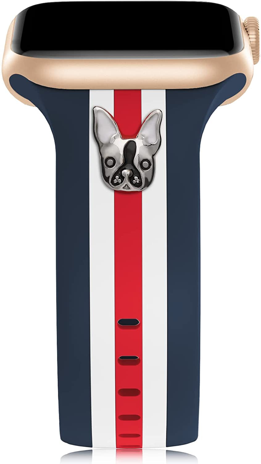 Designer Band with Charms Decor Compatible with Apple Watch Band 38Mm 40Mm 41Mm 42Mm 44Mm 45Mm 49Mm Women Men, Stylish Silicone Sport Wristbands for Iwatch Series 8 7 6 5 4 3 2 1 SE Ultra  Bagoplus Blue/White/Red-Dog 42mm/44mm/45mm/49mm 