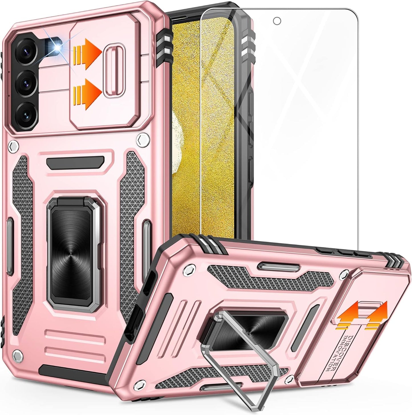 Galaxy S22 Case，S22 Case with Slide Camera Cover and Screen Protector, Shockproof Samsung S22 Galaxy Case with 360° Magnetic Ring Holder Kickstand Phone Case for Samsung S22 Black  Gritup Rose Gold  