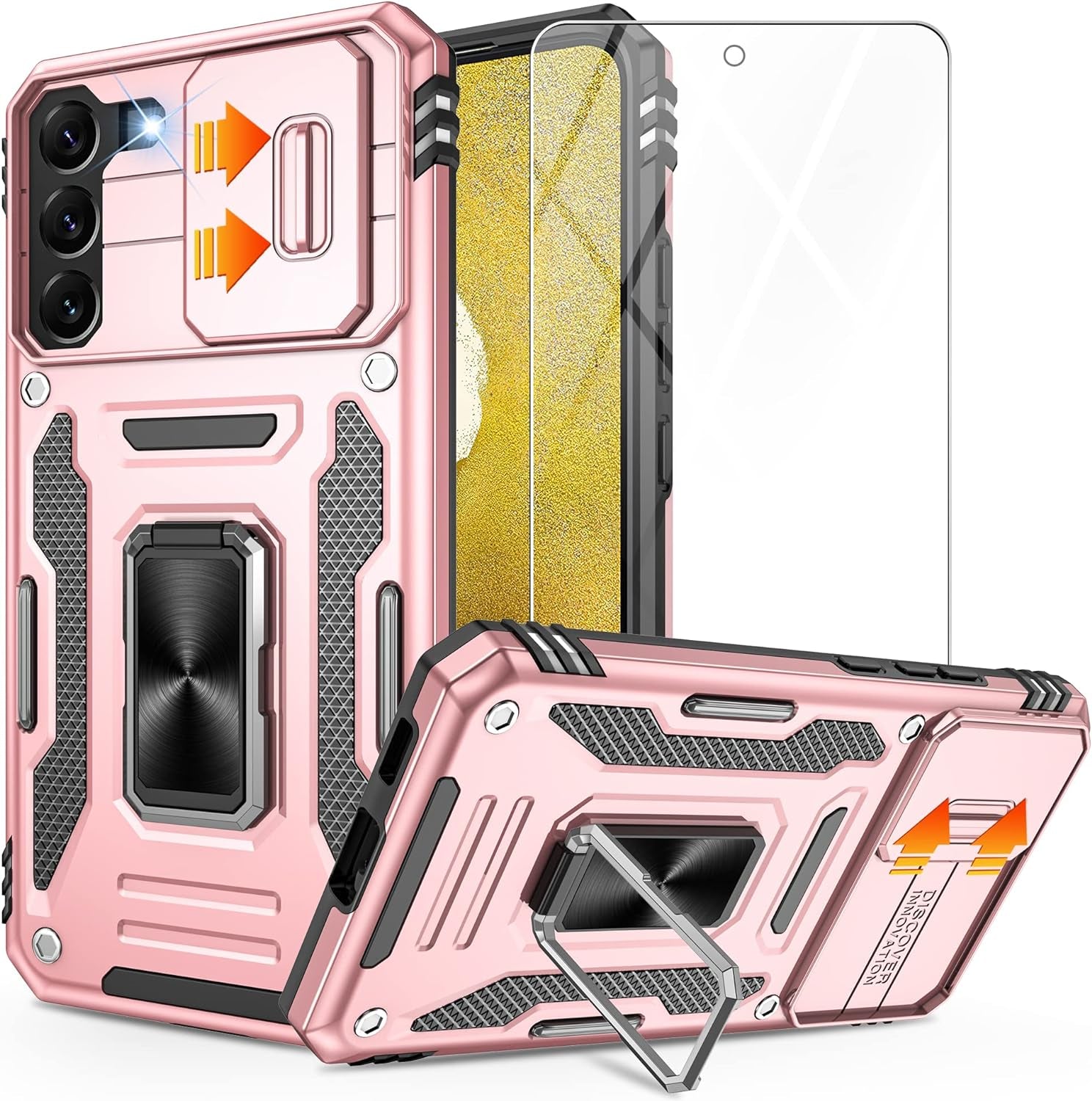 Galaxy S22 Case，S22 Case with Slide Camera Cover and Screen Protector, Shockproof Samsung S22 Galaxy Case with 360° Magnetic Ring Holder Kickstand Phone Case for Samsung S22 Black  Gritup Rose Gold  