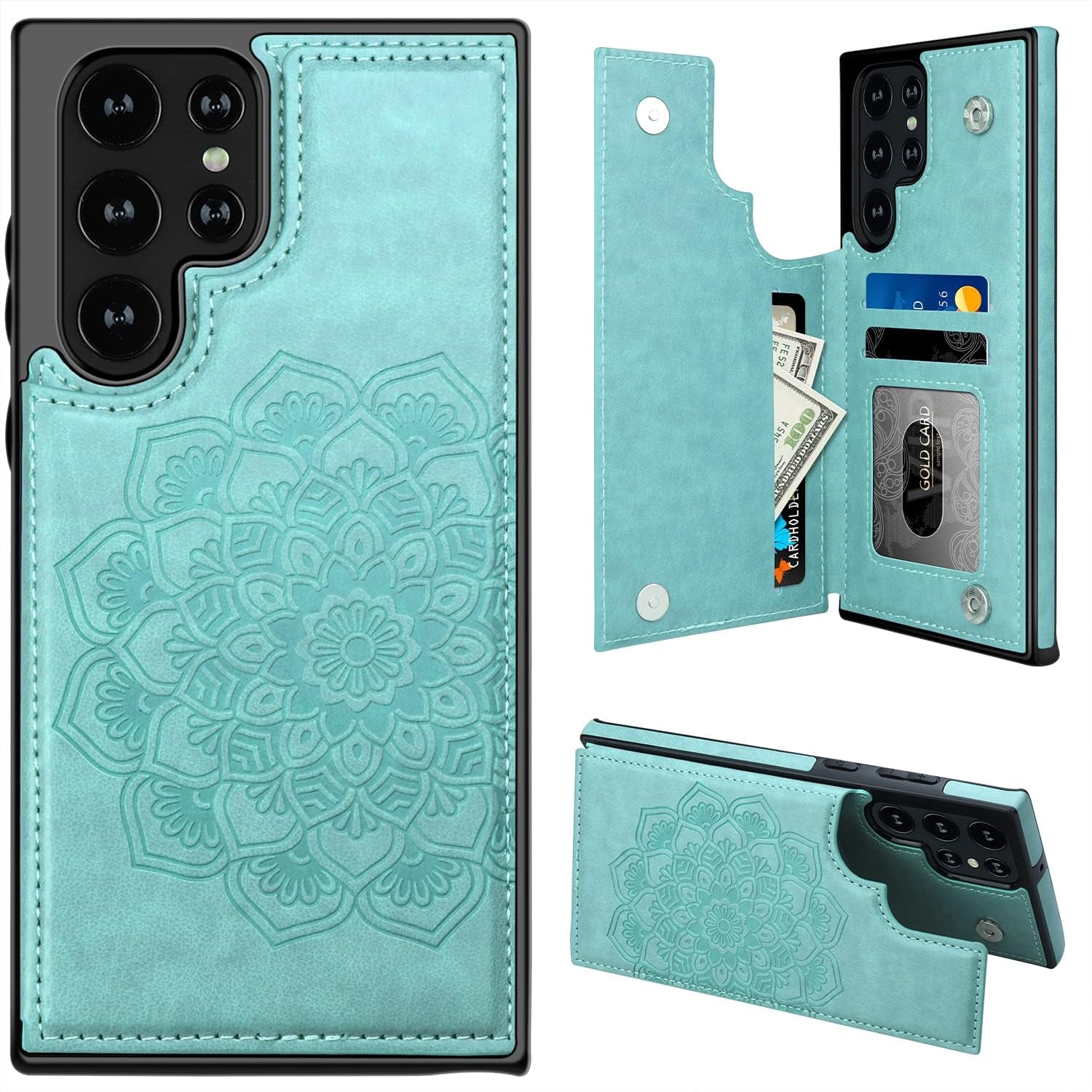 MMHUO for Samsung Galaxy S22 Case with Card Holder,Flower Magnetic Back Flip Case for Samsung Galaxy S22 Wallet Case for Women,Protective Case Phone Case for Samsung Galaxy S22 5G (2022),Mint  MMHUO Mint Galaxy S22 Ultra 6.8"-(L) 