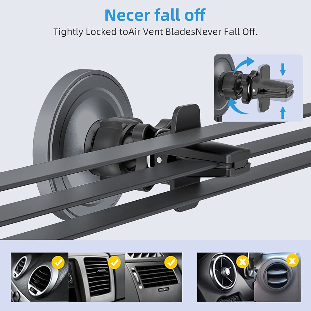 Magnetic Wireless Car Charger Mount, Stick on the Dashboard for Magsafe Iphone 14/14 Pro/14 Max/13/13 Pro/13 Pro Max/ 12/12Pro/Mini, Fast Charging Auto-Alignment Air Vent Phone Holder (Dark Grey)  OHLPRO   