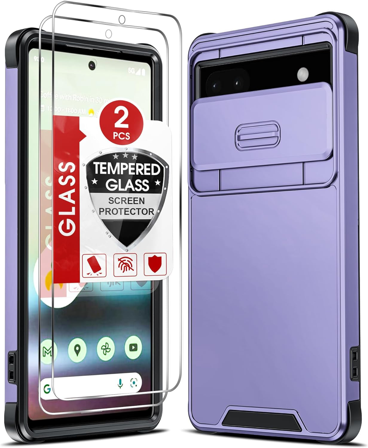Leyi for Pixel 6A Phone Case (2022): Google Pixel 6A Case with Slide Camera Cover and 2 Pack Tempered Glass Screen Protector, Dual Layer Heavy Duty Military Grade Protective Case for Pixel 6A, Purple  LeYi   