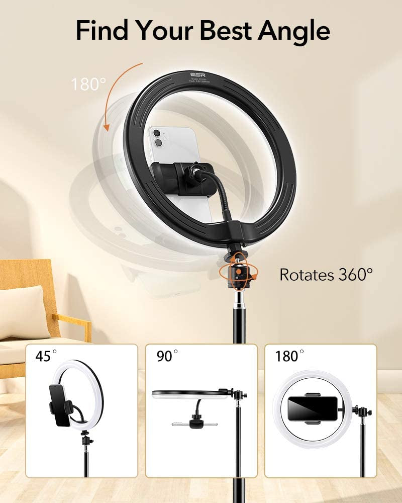 ESR Selfie Ring Light with Tripod Stand and Phone Holder, Dimmable Beauty 10-Inch Ring Light for Vlogs, Selfies, Makeup, Livestreaming, Videos, and Photography, Compatible with Iphone and Android  Electronic Silk Road Corp   