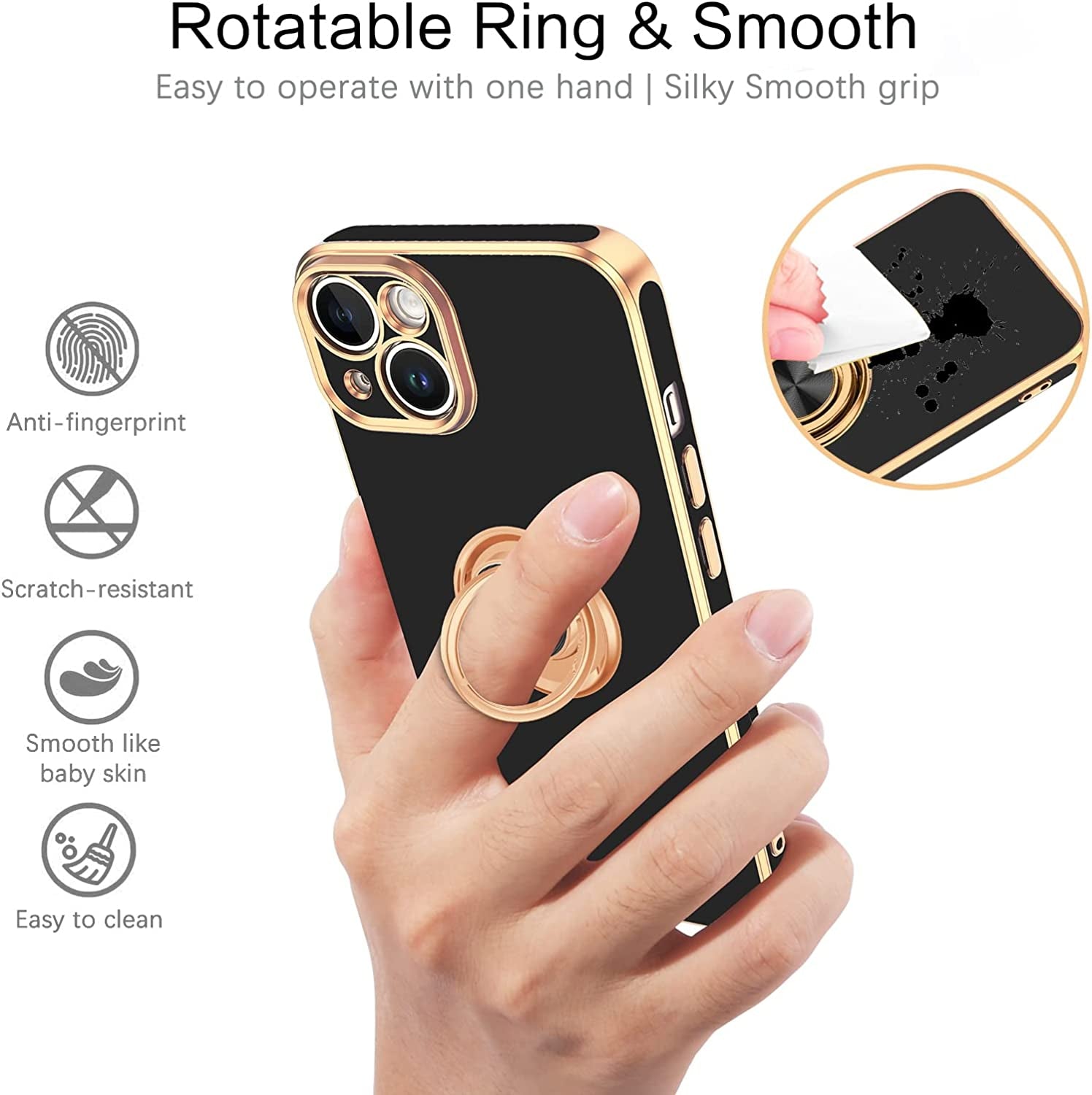 VENINGO Iphone 14 Case,Phone Cases for Iphone 14,Slim Fit Soft 360° Ring Holder Kickstand Magnetic Car Mount Supported Easy Clean Shockproof Protective Cover for Apple Iphone 14 6.1" 2022,Black/Golden  VENINGO   