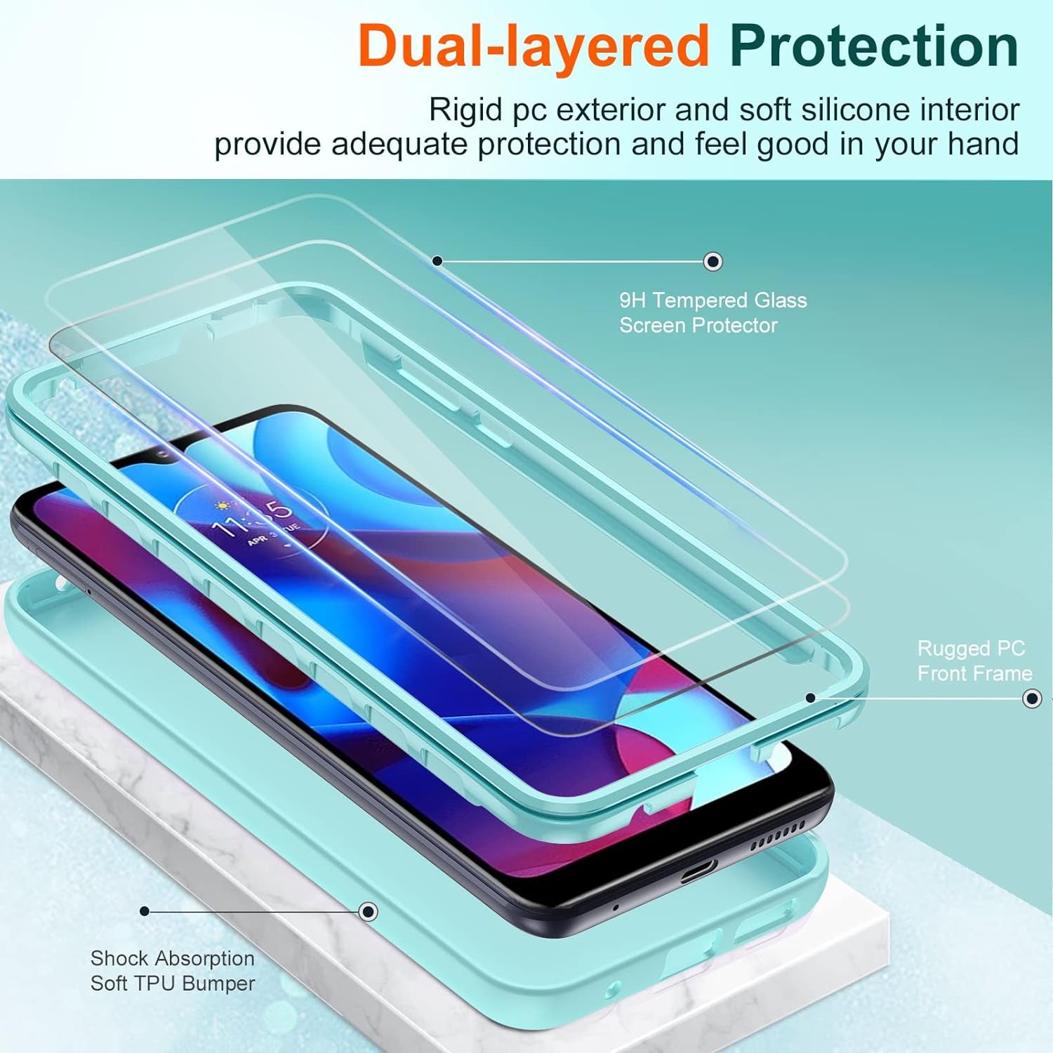 Leyi for Moto G Power 2022 Case: Moto G Pure Phone Case with [2 X Tempered Glass Screen Protector], Full-Body Shockproof Soft Liquid Silicone Protective Phone Cover Case for Motorola G Pure, Mint  LeYi   