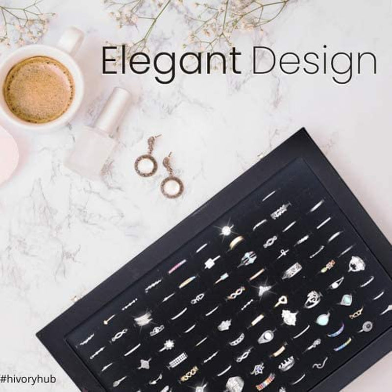 Ring Organizer Box with Transparent Lid ~ Ring Holder Showcase for Store Display, Jewelry Show & Home ~ Jewelry Tray Organizer for Rings, Studs & Earrings (Black)  Hivory   