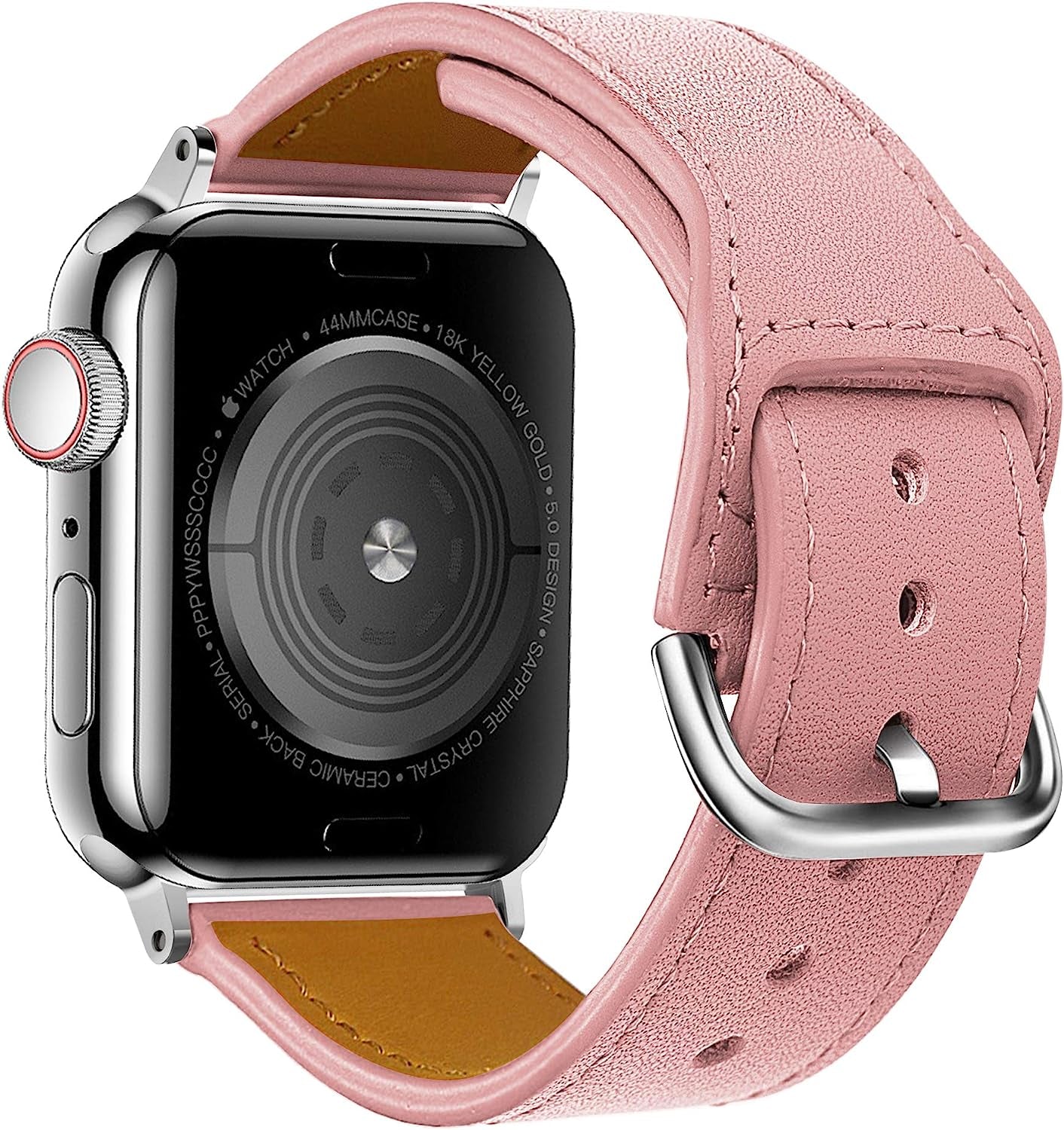 ONMROAD Leather Bands Compatible with Apple Watch 38Mm 40Mm 41Mm 42Mm 44Mm 45Mm, Genuine Leather Replacement Band for Iwatch Series7 6 5 4 3 2 1 SE, Leather Apple Watch Strap for Women & Men  ONMROAD Pink Band+Silver Adapter 42mm 44mm 45mm 