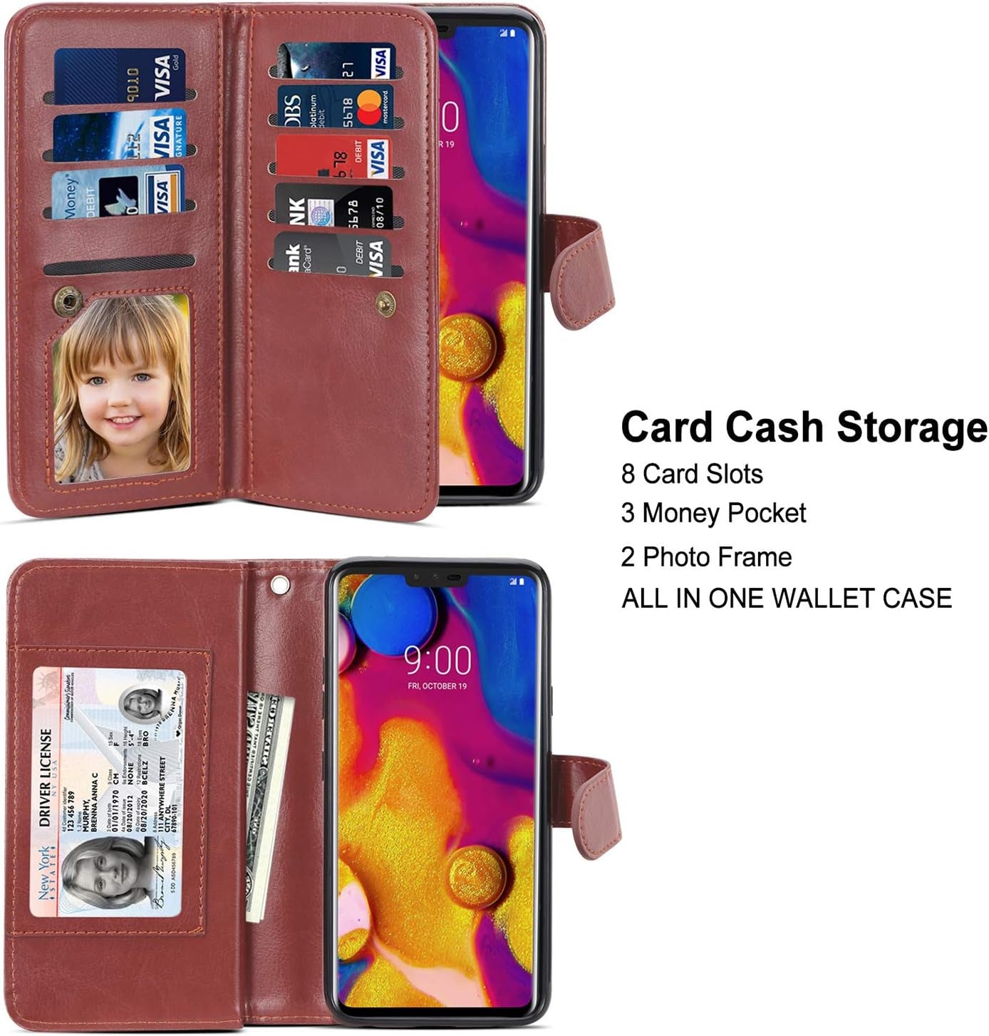 TILL for LG V40 Thinq / V40 Storm Case, LG V40 Thinq / V40 Storm [PU Leather] Flip Wallet Case [Cash & Card Slot Holder] [Kickstand] Detachable Magnetic Folio Protective Case Cover [Brown]  TILL   