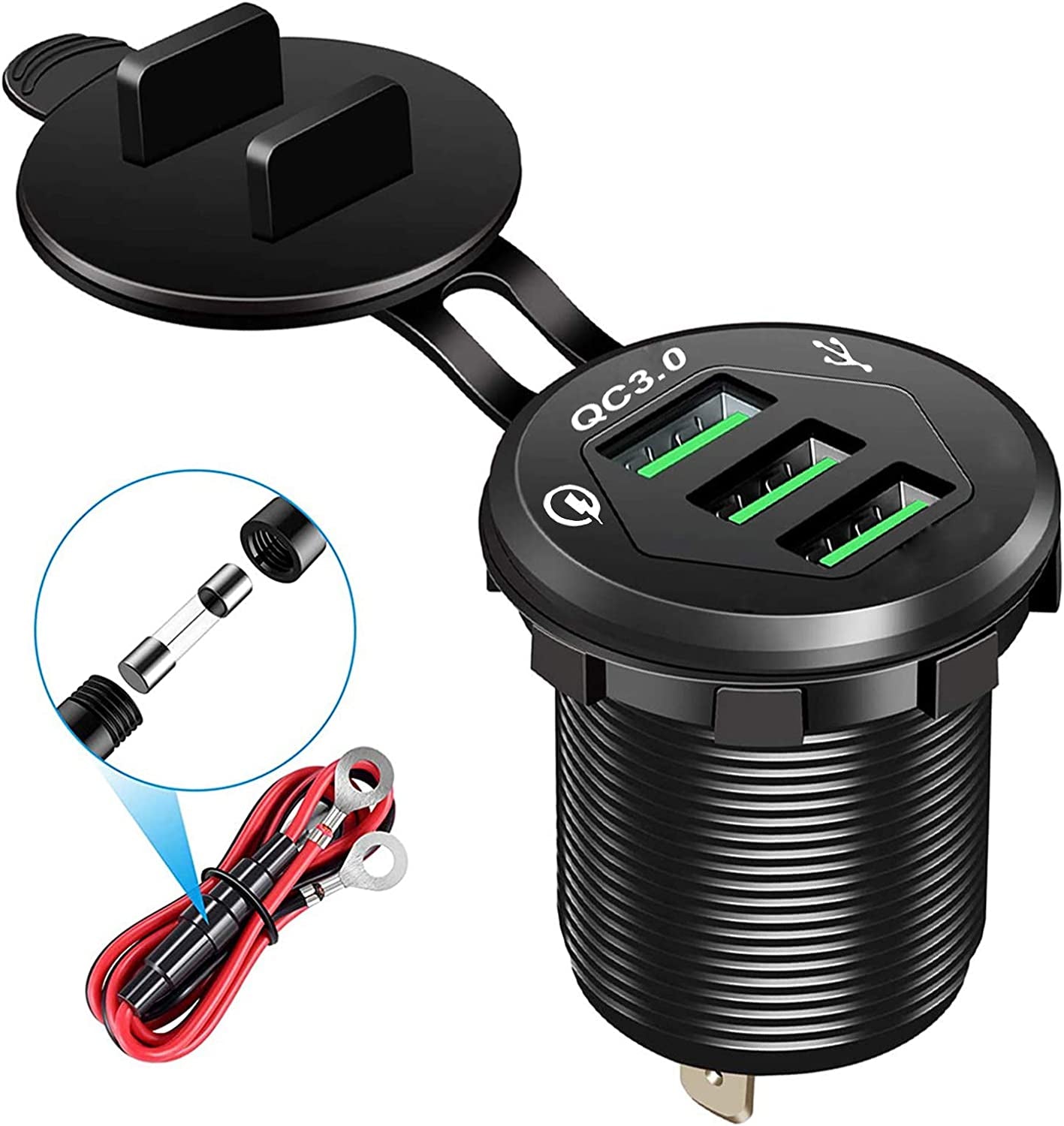 3 USB 3.0 Car Charger, 12V/24V 36W QC3.0 USB Charger Socket, 3 X USB 3.0 Socket Charger USB Outlet Fast Charge with 10A Wire Fuse Aluminum (Black)  Speedcur   