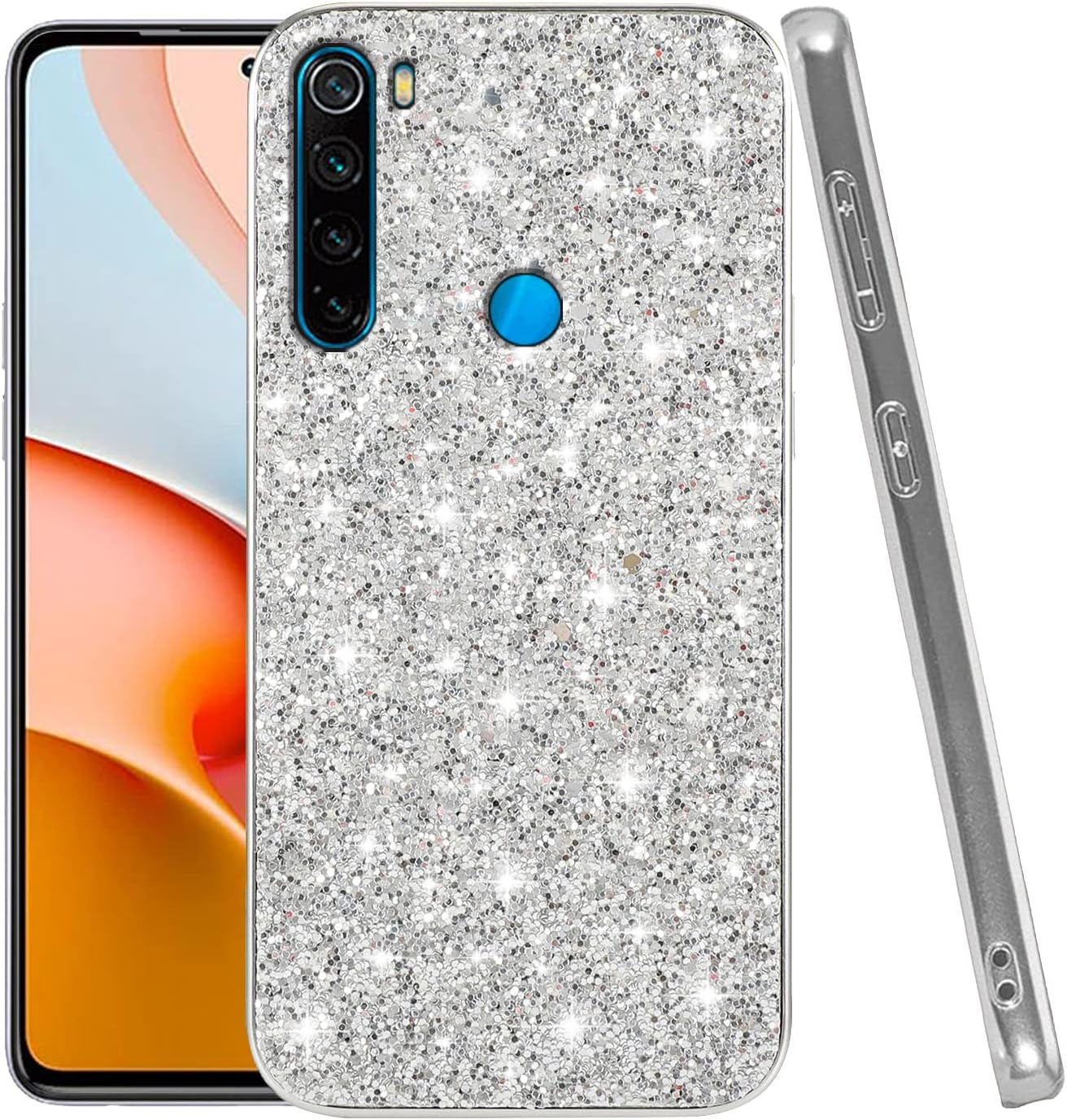 Compatible with Xiaomi Redmi Note 8 Case Glitter Shockproof,Redmi Note 8 Phone Case Bling Sparkly Soft TPU and PC Silicone Shiny Girl Women Thin Protective Cover (Blue)  Wousunly Silver  