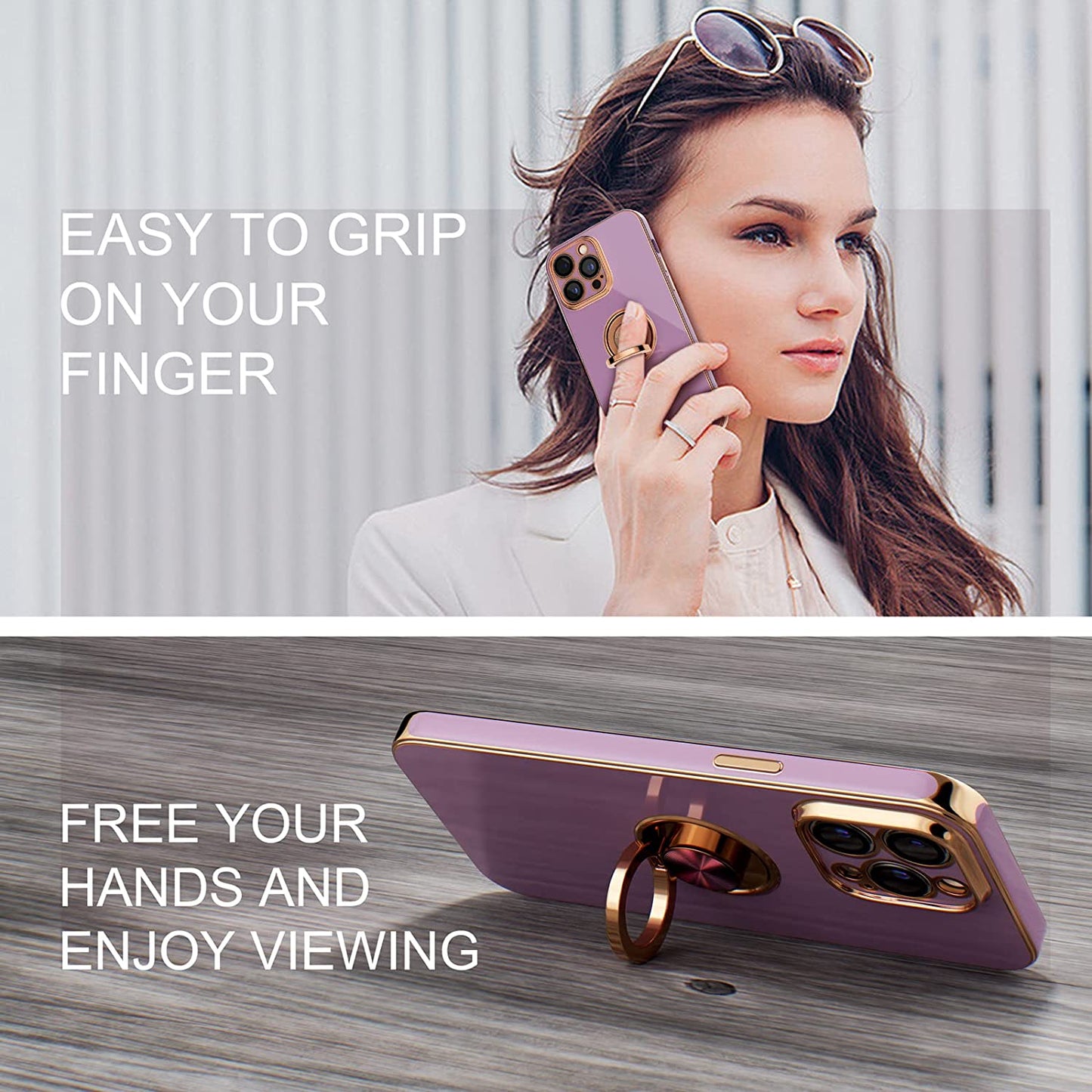 Choiche for Iphone 14 Pro Max Case with 360° Rotatable Ring Stand, Women Luxury Bling Plating Soft Silicone Case, [3 X Camera Lens Protectors] [2 X Tempered Glass Screen Protectors] (Lavender)  Choiche   