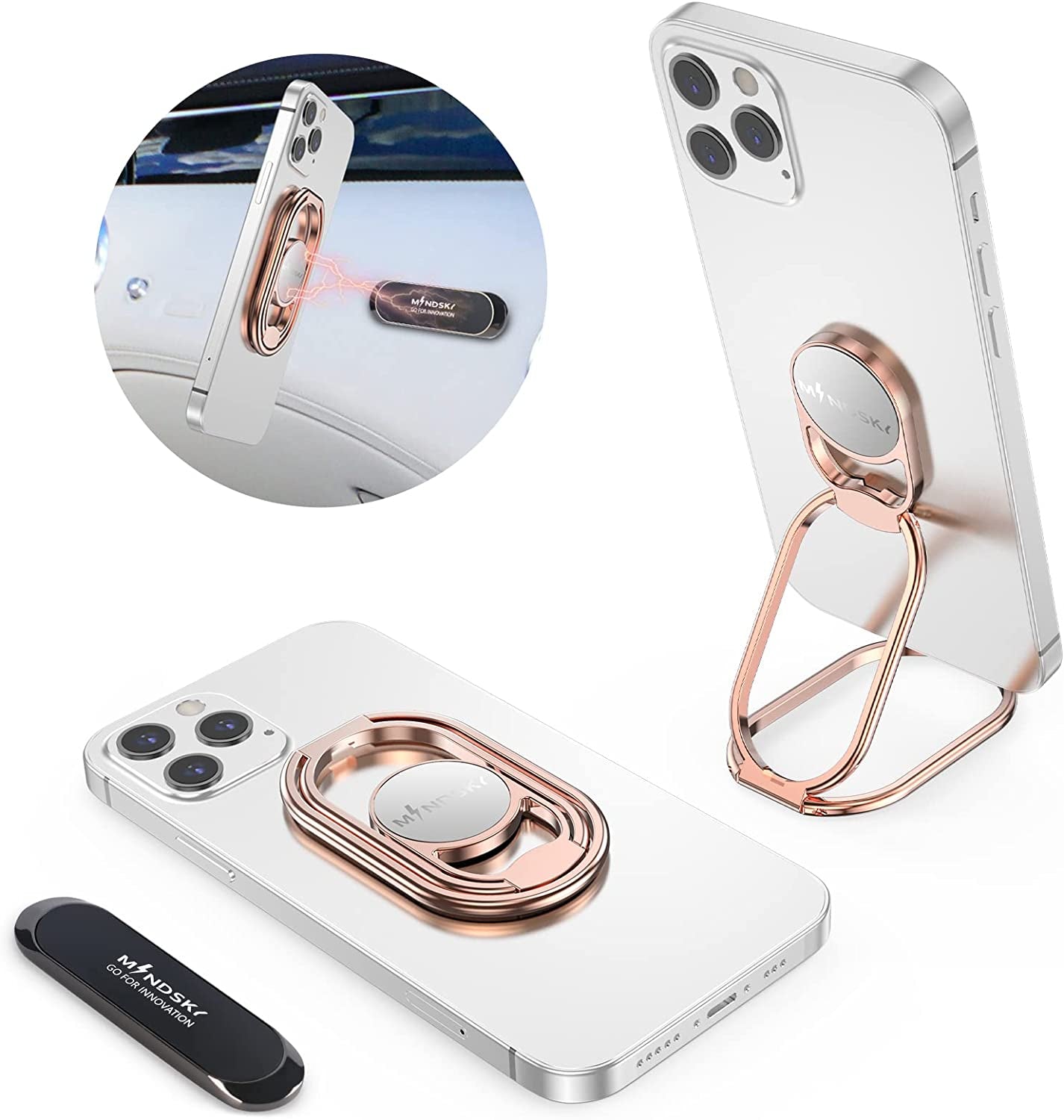 Mindsky Phone Ring Holder Finger Kickstand Retractable 360°Rotation Ultra-Thin Cell Phone Back Grip Foldable Cellphone Stand for Iphone Ipad Smartphones Tablets (With Universal Magnetic Car Mount)  Mindsky hollow RoseGold  