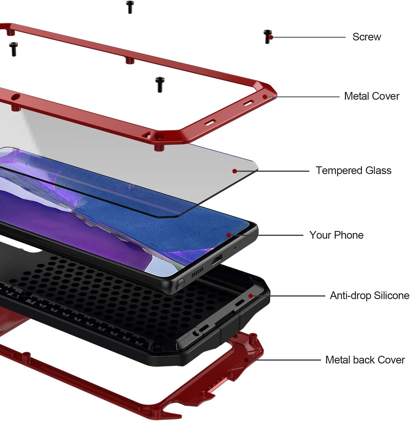 Galaxy Note 20 Case,Built-In Gorilla Glass Luxury Aluminum Alloy Protective Metal Extreme Shockproof Military Bumper Heavy Duty Cover Shell Case for Samsung Galaxy Note 20 6.7" (Red)  Love Mei Nillkin Shellbox   