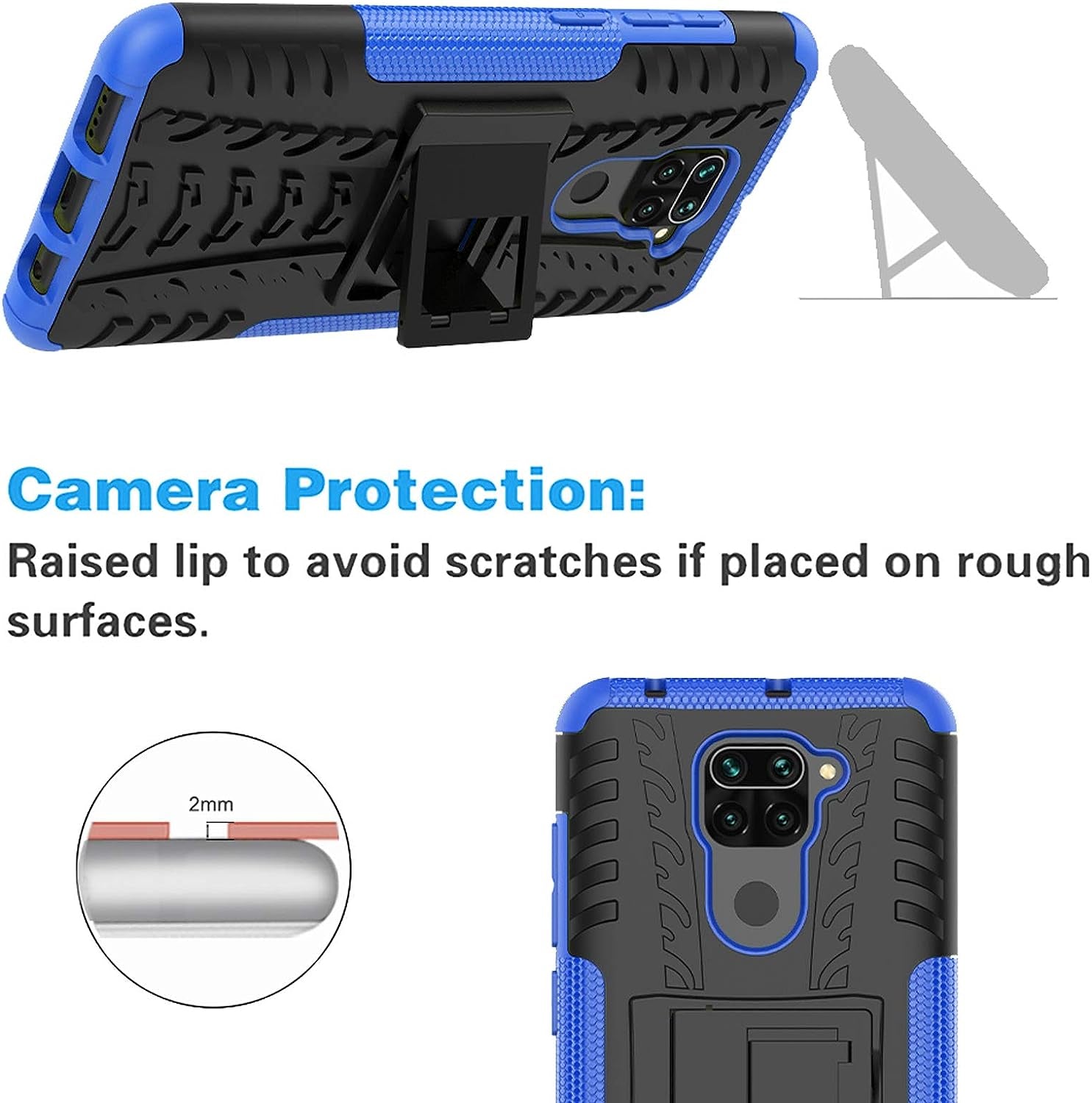 Phone Case for Xiaomi Redmi Note 9 with Tempered Glass Screen Protector Cover and Stand Kickstand Hard Rugged Hybrid Protective Cell Accessories Xiami Xiomis Xiome Redme Note9 4G Cases Men Black Blue  Asuwish   