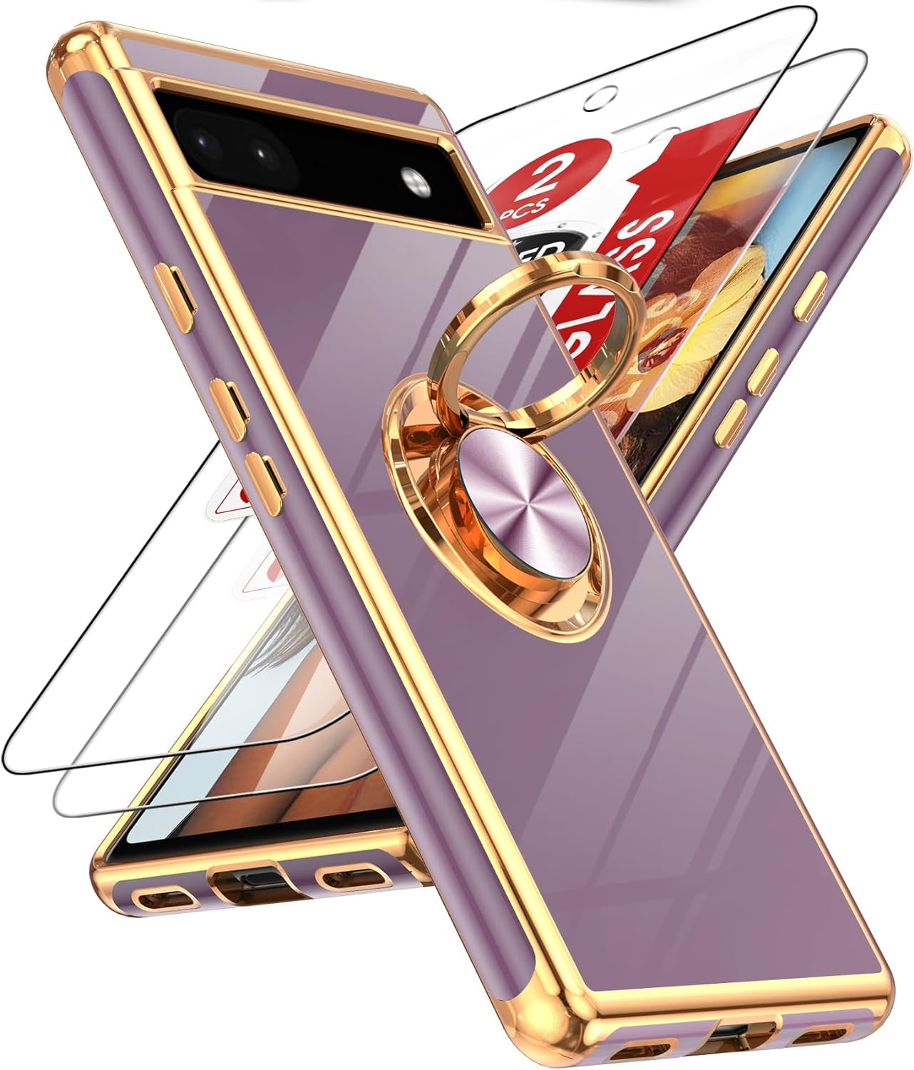Leyi for Pixel 6A Case: with Tempered Glass Screen Protector [2 Pack] 360° Rotatable Ring Holder Magnetic Kickstand, Plating Rose Gold Edge Protective Google Pixel 6A Case, Pink  LeYi Purple Google Pixel 6A 