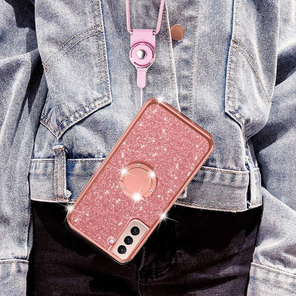 Nancheng for Samsung Galaxy S21 Case (6.2-Inch), Phone Case for Galaxy S21 Women Glitter Cute Luxury Soft TPU Silicone Clear Cover with Lanyard Stand Shockproof Full Body Protection Case - Rose Gold  nancheng   
