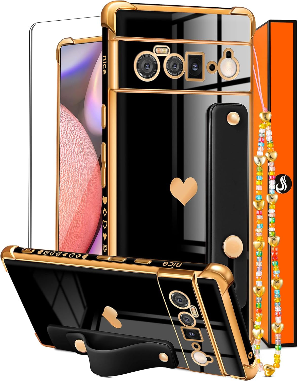 Likiyami (3In1 for Google Pixel 6 Pro Case 5G Heart for Women Girls Girly Cute Luxury Pretty with Stand Phone Cases Black and Gold Love Hearts Aesthetic Cover+Screen+Chain for Google Pixel 6 Pro 6.7"  Likiyami   