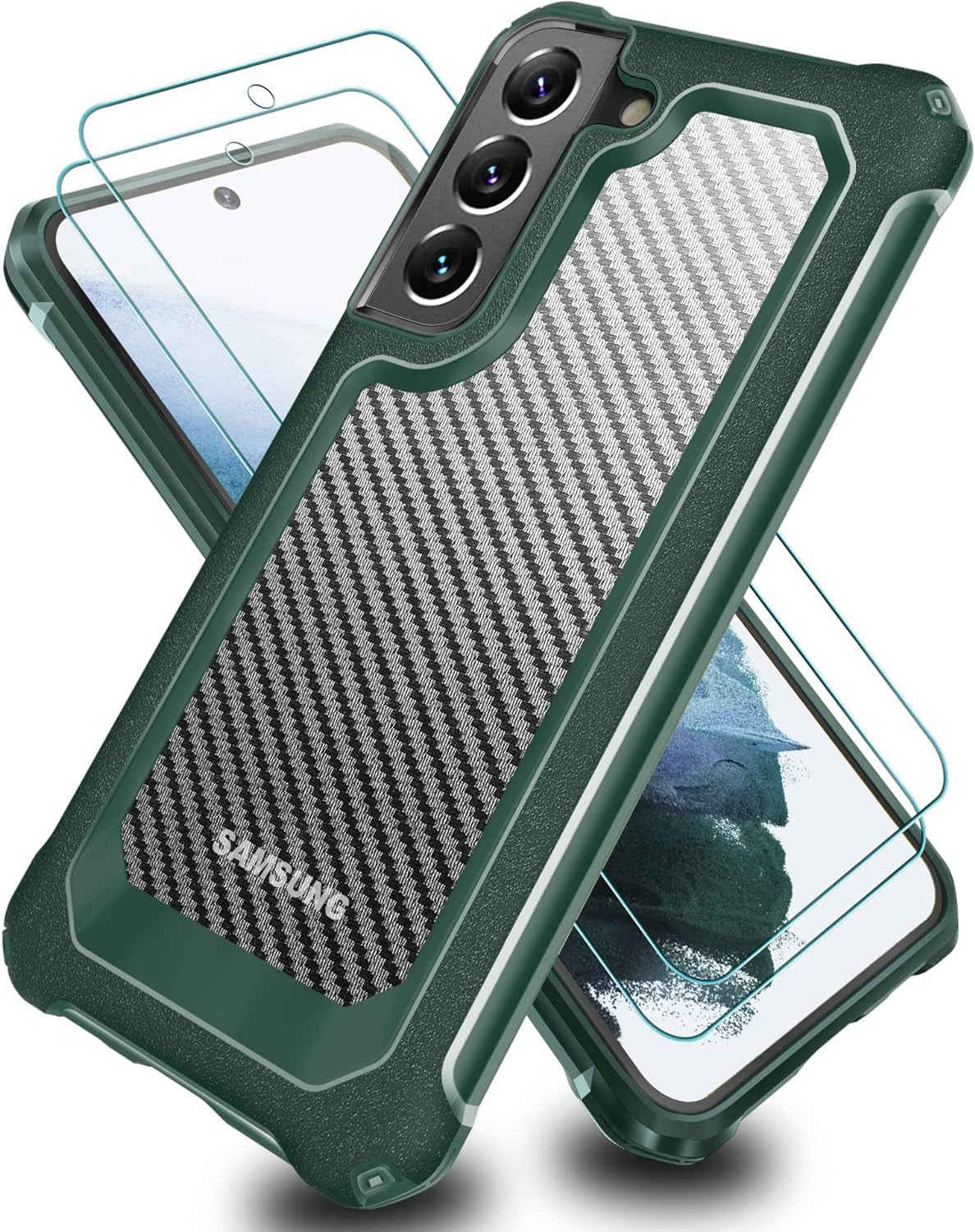 SUPBEC Galaxy S21 Case, Carbon Fiber Shockproof Protective Cover with Screen Protector [X2] [Military Grade Protection] [Scratch Resistant & Anti-Fingerprint], Samsung Galaxy S21 Case, 6.2", Black  SUPBEC Green  