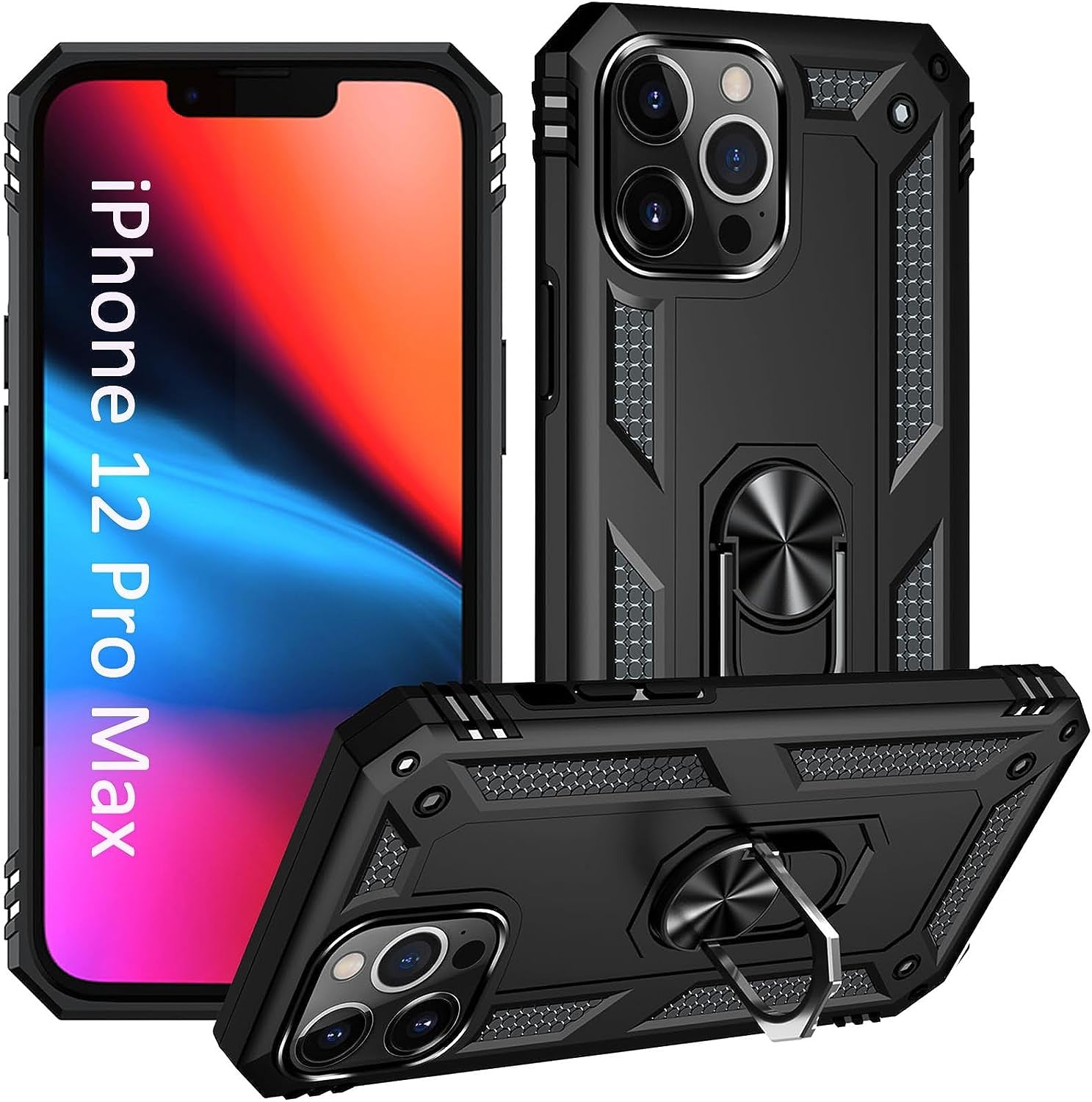 ADDIT Military Grade Iphone 12 Pro Max Case - 6.7" Slim Fit, Heavy Duty Protection, Rotatable Magnetic Kickstand, TPU & Polycarbonate, Black  ADDIT   