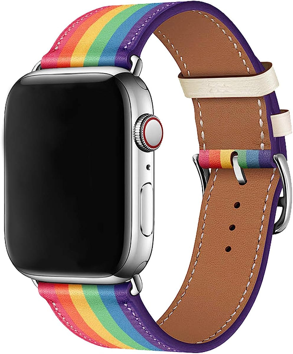 Ibazal Compatible with Apple Watch Band 42Mm 44Mm,Genuine Leather Bands Replacement Strap for Iwatch Series 7 6 SE 5 45Mm 4 3 2 1 38Mm 40Mm Sports&Edition Men  iBazal HS-Rainbow+Silver Clasp 41mm/40mm/38mm 