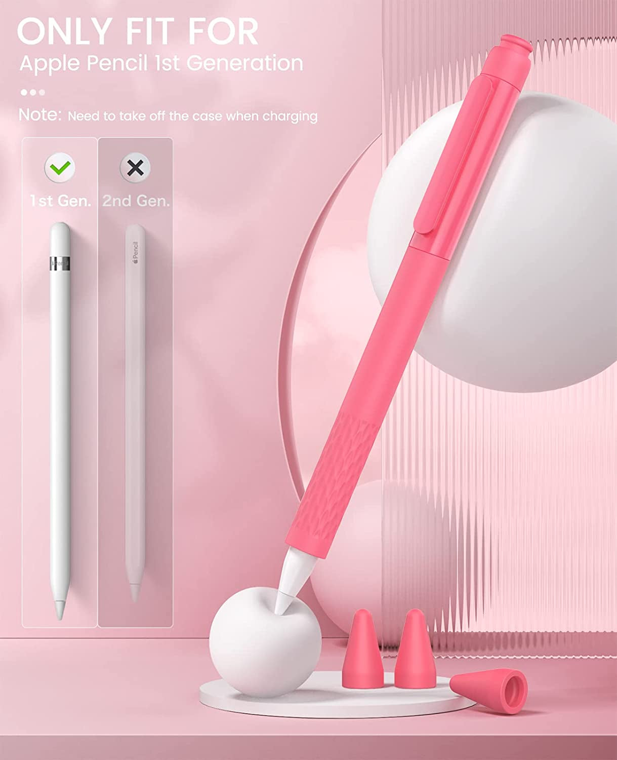 Moko Silicone Pencil Sleeve for Apple Pencil 1St Generation, Lightweight Apple Pencil Silicone Cover Anti-Slip Grip Ipad Pencil Holder with Clip, 3 Nips, Watermelon Red  MoKo   