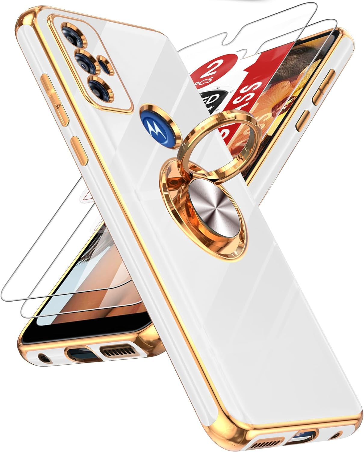 Leyi for Moto G Play 2023 Phone Case: with Tempered Glass Screen Protector [2 Pack] 360° Rotatable Ring Holder Magnetic Kickstand, Plating Rose Gold Edge Protective Case, Black  LeYi White  