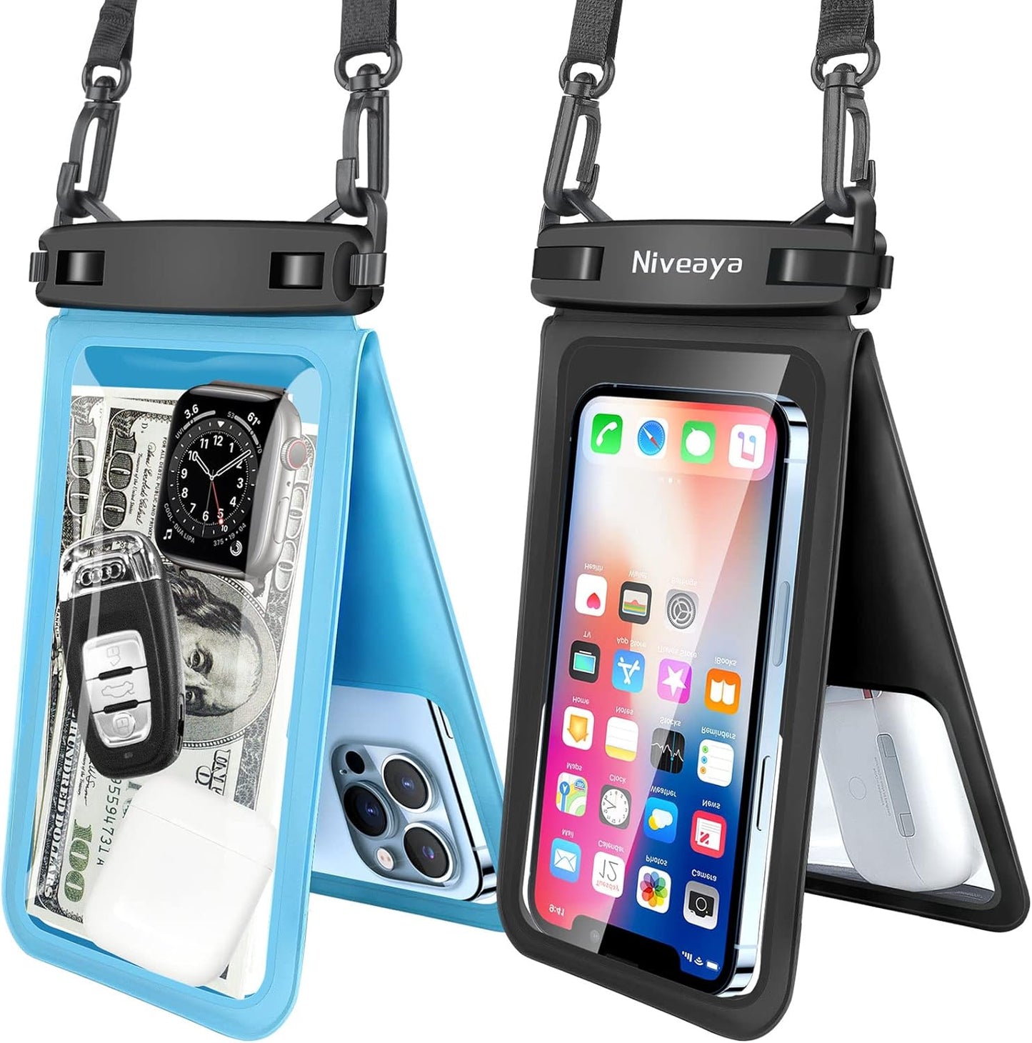 Niveaya Double Space Waterproof Phone Pouch - 2 Pack, Waterproof Phone Lanyard Case with Iphone 15/14/13/12/ Pro Max/Pro/8 Plus, Galaxy S22/S21/S20/S10/Note 20/10/9 up to 7", Dry Bag for Vacation.  Niveaya Black + Powder Blue Medium 7" 