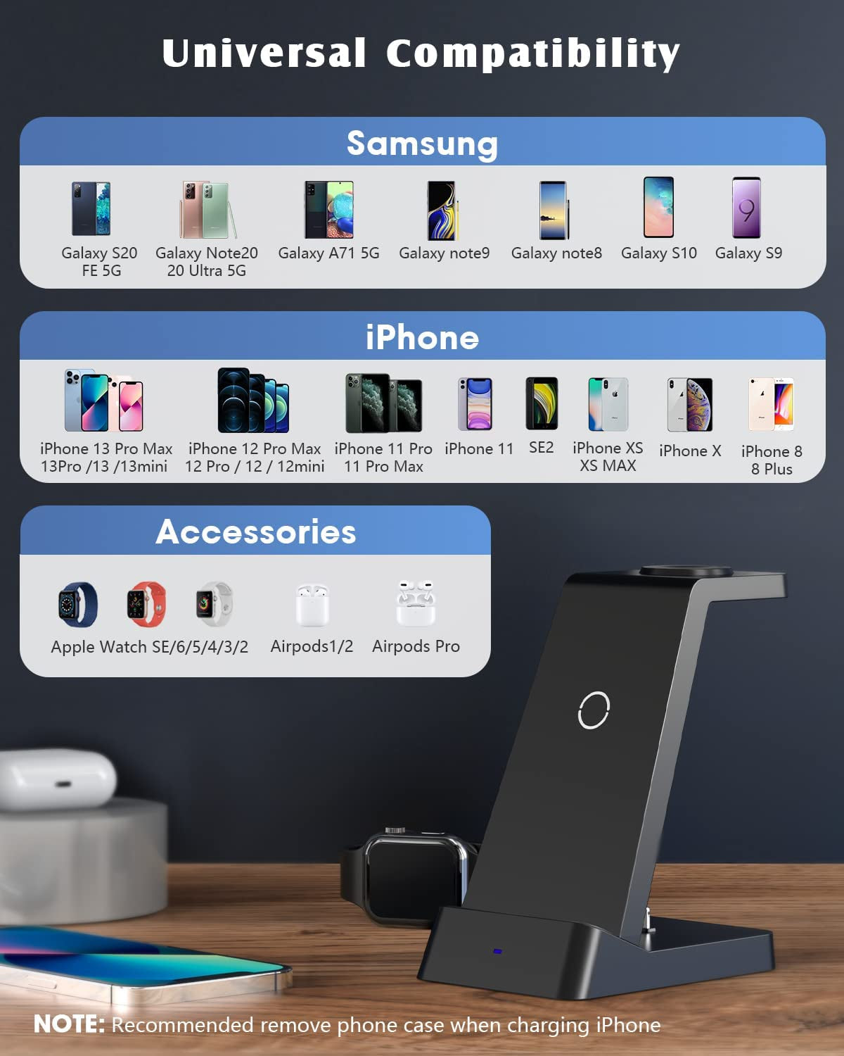 Wireless Charging Station,Cadefu Wireless Charger Compatible with Iphone 14 Pro Max/13/12/11/X/8 Plus, 3 in 1 Fast Charging Stand Dock for Airpods 1/2/Pro, Apple Watch Series(With Adapter)  CADEFU   