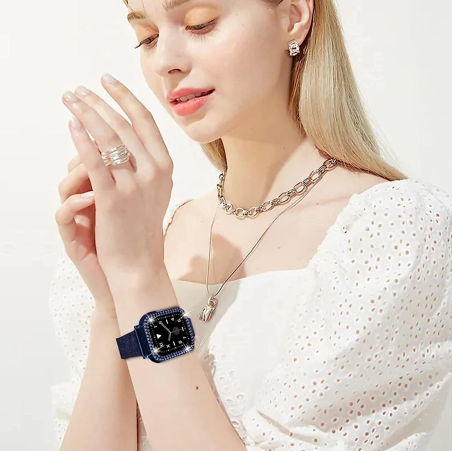 QVLANG Slim Watch Band Compatible with Apple Watch Band 38Mm 40Mm 42Mm 44Mm for Women Girls, Stainless Steel Metal Mesh Wristband & Bling Diamond Case for Iwatch SE Series 6/5/4/3/2/1 (Blue, 40Mm)  QVLANG   