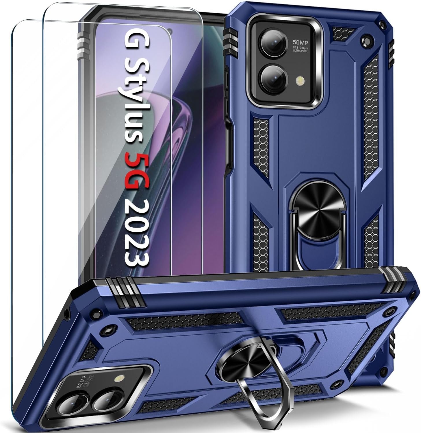 𝟮𝟬𝟮𝟯 𝗡𝗘𝗪 for Moto G Stylus 5G 2023 Case with [2 Packs] Tempered Glass Screen Protector,[Military-Grade] Rugged Full Body Shockproof Case with Kickstand for Motorola Moto G Stylus 5G 2023,Purple  Pevezeda Blue  
