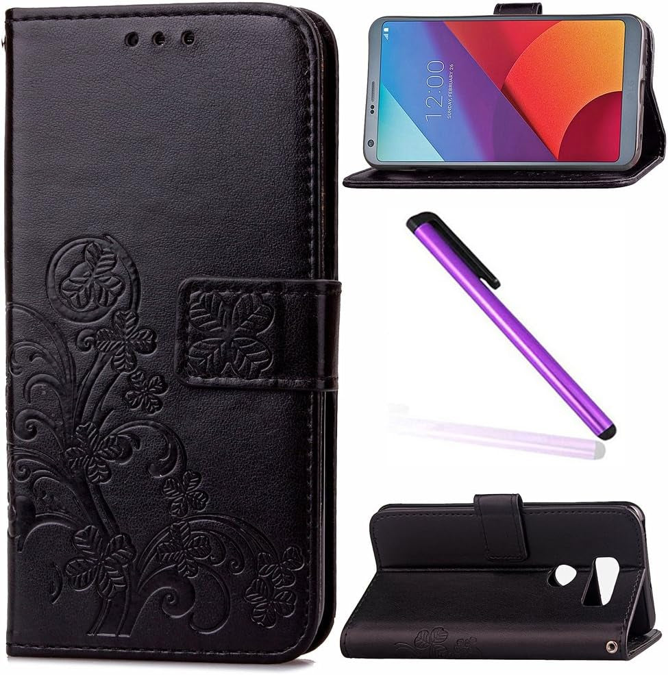 LG V30 Cover Case EMAXELER Colour Stylish Wallet Case Embossing Kickstand Credit Cards Slot Cash Pockets PU Leather Flip Protect Wallet Case for LG V30 Clover Black  EMAXELER   