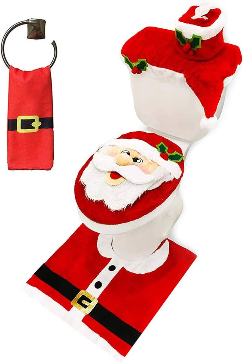 JOYIN 5 Pieces Christmas Theme Bathroom Decoration Set W/Toilet Seat Cover, Rugs, Tank Cover, Toilet Paper Box Cover and Santa Towel for Xmas Indoor Décor, Party Favors (Santa)  Joyin Inc   