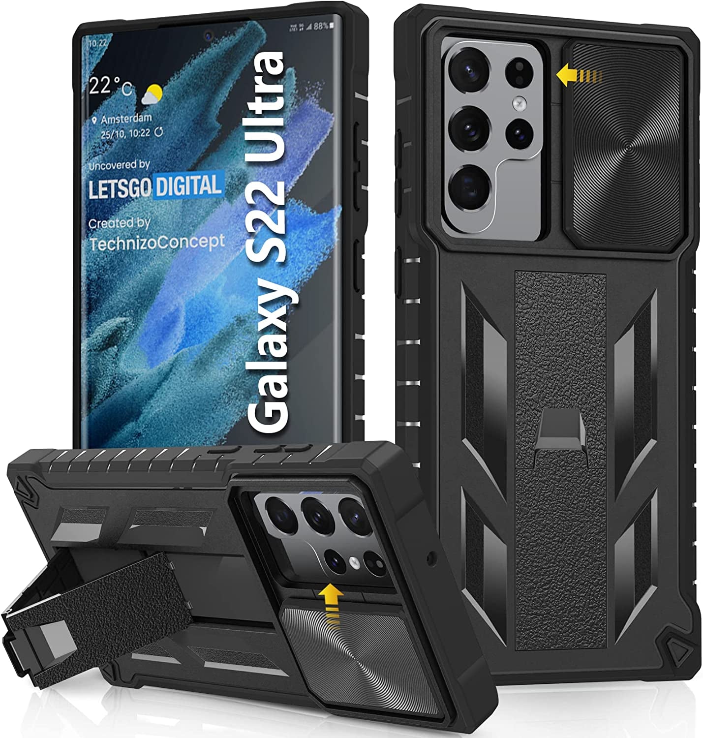 For Samsung Galaxy S22 Ultra Case: Military Grade Drop Proof Rugged Protective S22Ultra 5G Phone Cover with Built-In Screen Protector & Kickstand |Shockproof Bumper Dual Layer 360 Full Protection  SOiOS A-Black S22 Ultra 