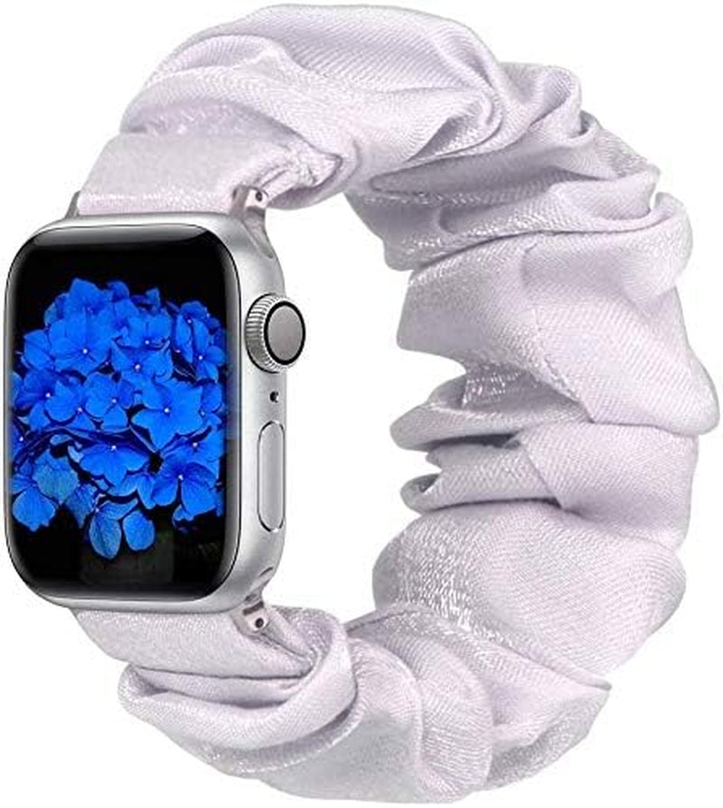BMBMPT Scrunchie Elastic Watch Band Compatible with Apple Watch Band 38Mm 40Mm 41Mm 42Mm 44Mm 45Mm Cloth Soft Pattern Printed Fabric Wristband for Iwatch Series 8 7 6 5 4 3 2 1 SE  BMBMPT Bright Sliver 42mm/44mm/45mm Large size 