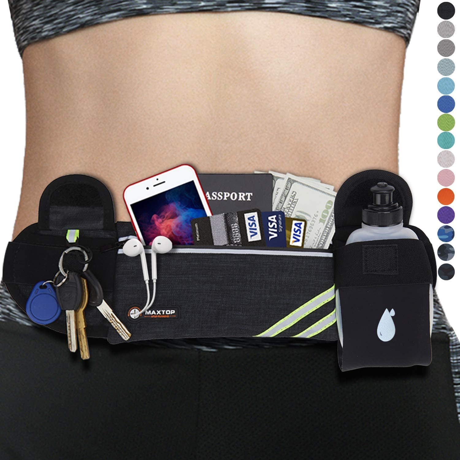 【2 Packs Family Share Bundle】Fanny Packs for Women Men Running Belt Waist Pack Bag for Workout Gym Exercise Walking Hiking Belt Bag Waist Pouch Fits Iphone Cell Phone Holder for Travel Money Belt  MAXTOP Black(Gift with A Running Water Bottle) Running Money Belt 