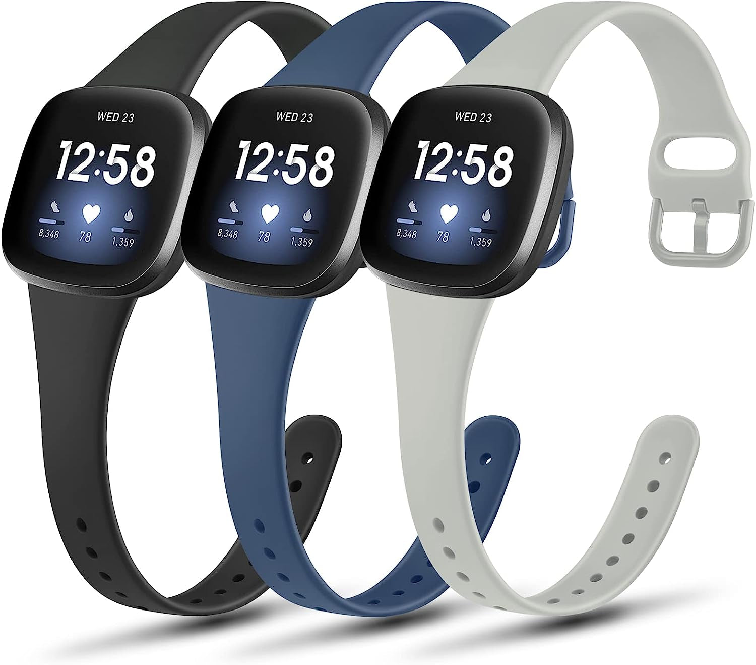3 Pack Slim Soft Silicone Bands Compatible with Fitbit Versa 4 & Versa 3 Bands and Fitbit Sense 2 & Sense Bands for Women Men, Sports Wristbands Replacement Straps for Fitbit Versa 4 & 3 / Fitbit Sense 2 & Sense Smart Watch  AK Black/Navy Blue/Gray  