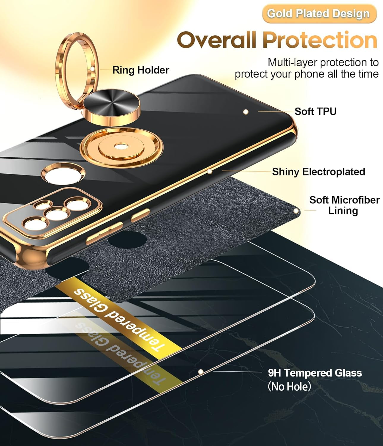 Leyi for Moto G Play 2023 Phone Case: with Tempered Glass Screen Protector [2 Pack] 360° Rotatable Ring Holder Magnetic Kickstand, Plating Rose Gold Edge Protective Case, Black  LeYi   