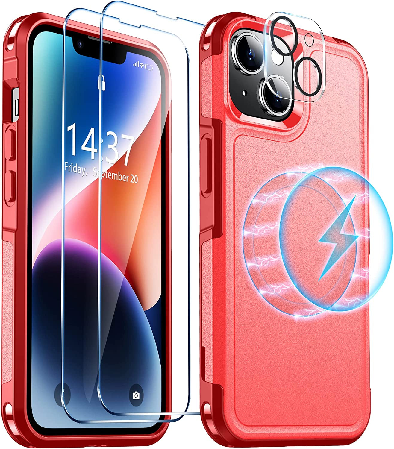 Red2Fire Magnetic for Iphone 14 plus Case [Compatible with Magsafe][Military Grade Drop Protection][Glass Screen Protector+Camera Lens Protector] Heavy Duty Shockproof Phone Case 6.7"-Black  Red2Fire Red  