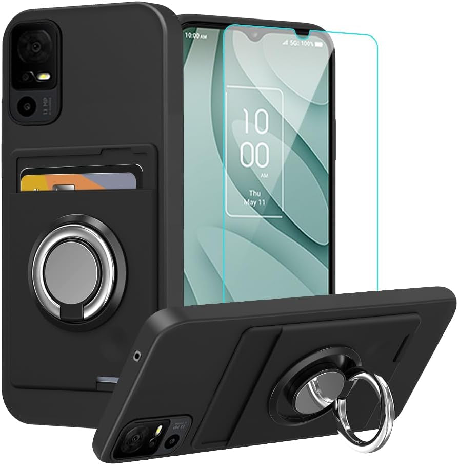 Anneey for Oneplus 11 5G Phone Case with Tempered Glass Screen Protector, Card Holder with Ring Stand Case for 1+ 11 5G Cover - Black  Anneey   