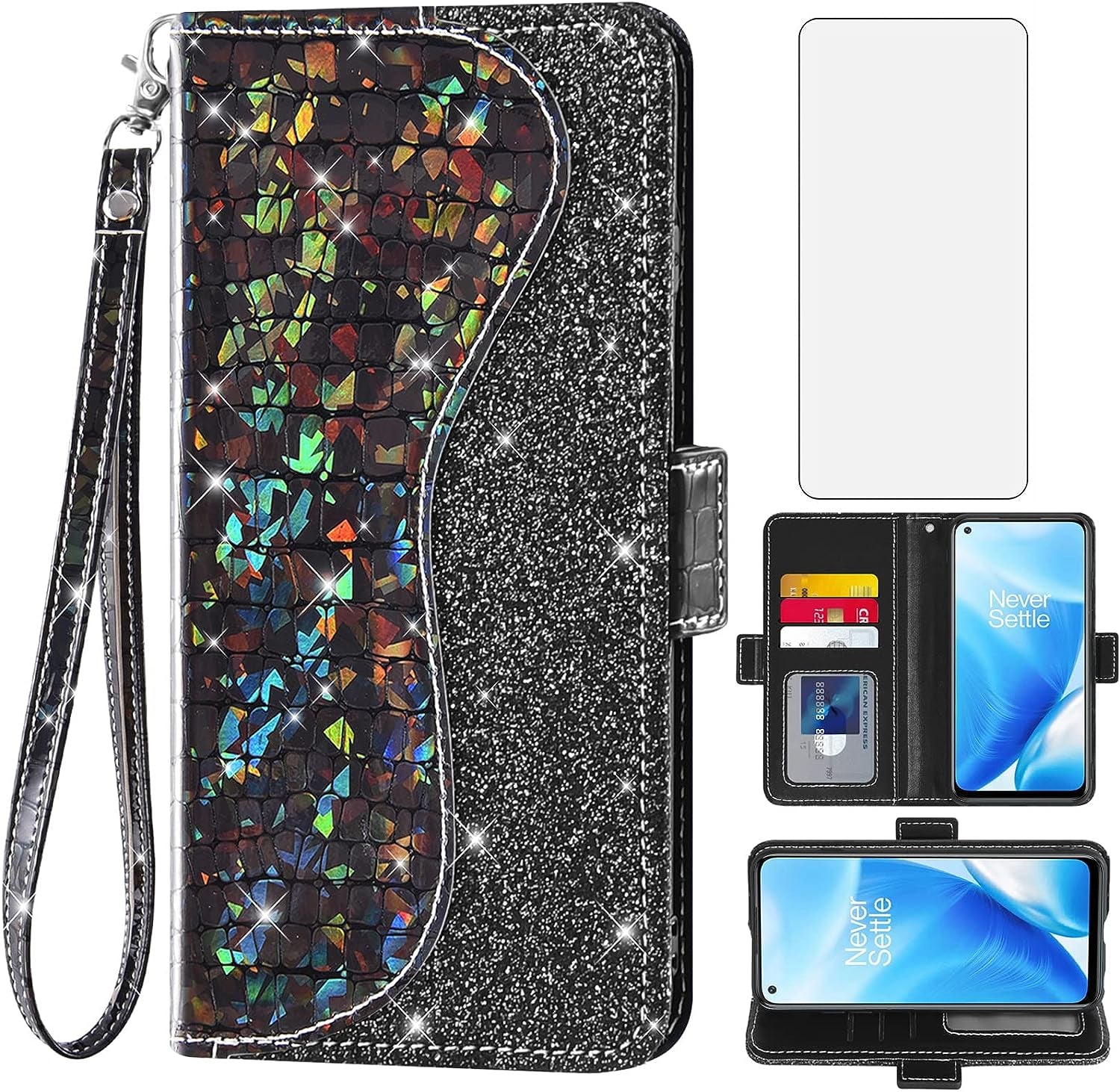 Asuwish Phone Case for Oneplus Nord N200 5G Wallet Cover with Screen Protector and Flip Card Holder Bling Glitter Stand Cell One plus N 200 G5 1 plus 200N 1Plus One+ 1+ N2005G 2021 Women Girls Pink  Asuwish Black For Oneplus Nord N200 5G 