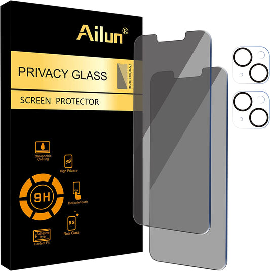 Ailun 2 Pack Privacy Screen Protector for Iphone 14[6.1 Inch] + 2 Pack Camera Lens Protector, anti Spy Private Tempered Glass Film, Case Friendly, [9H Hardness] - HD [Black] [4 Pack]  Ailun   