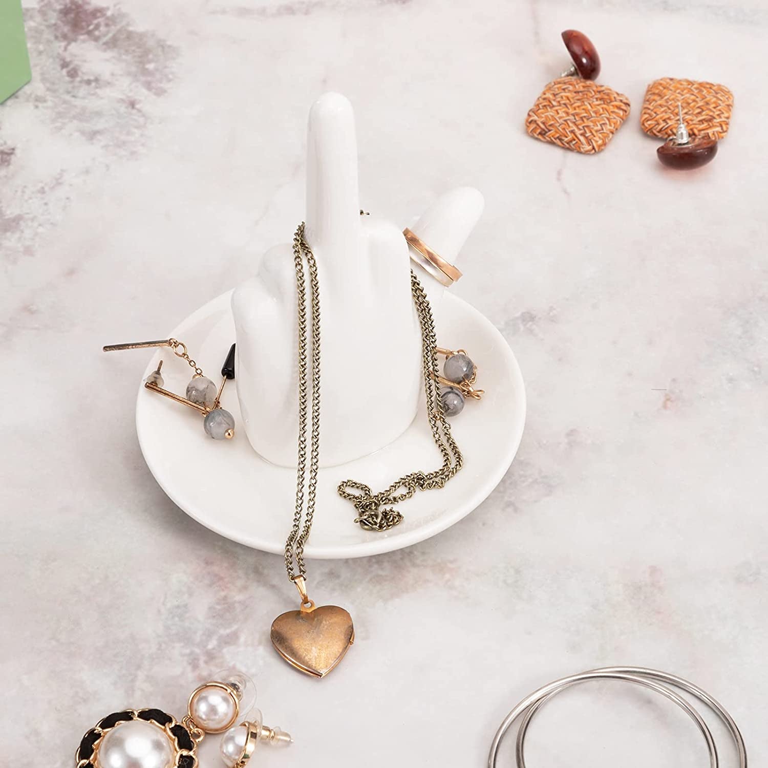 Stephanie Imports White Ceramic Middle Finger Jewelry Ring Dish Tray  Stephanie Imports   