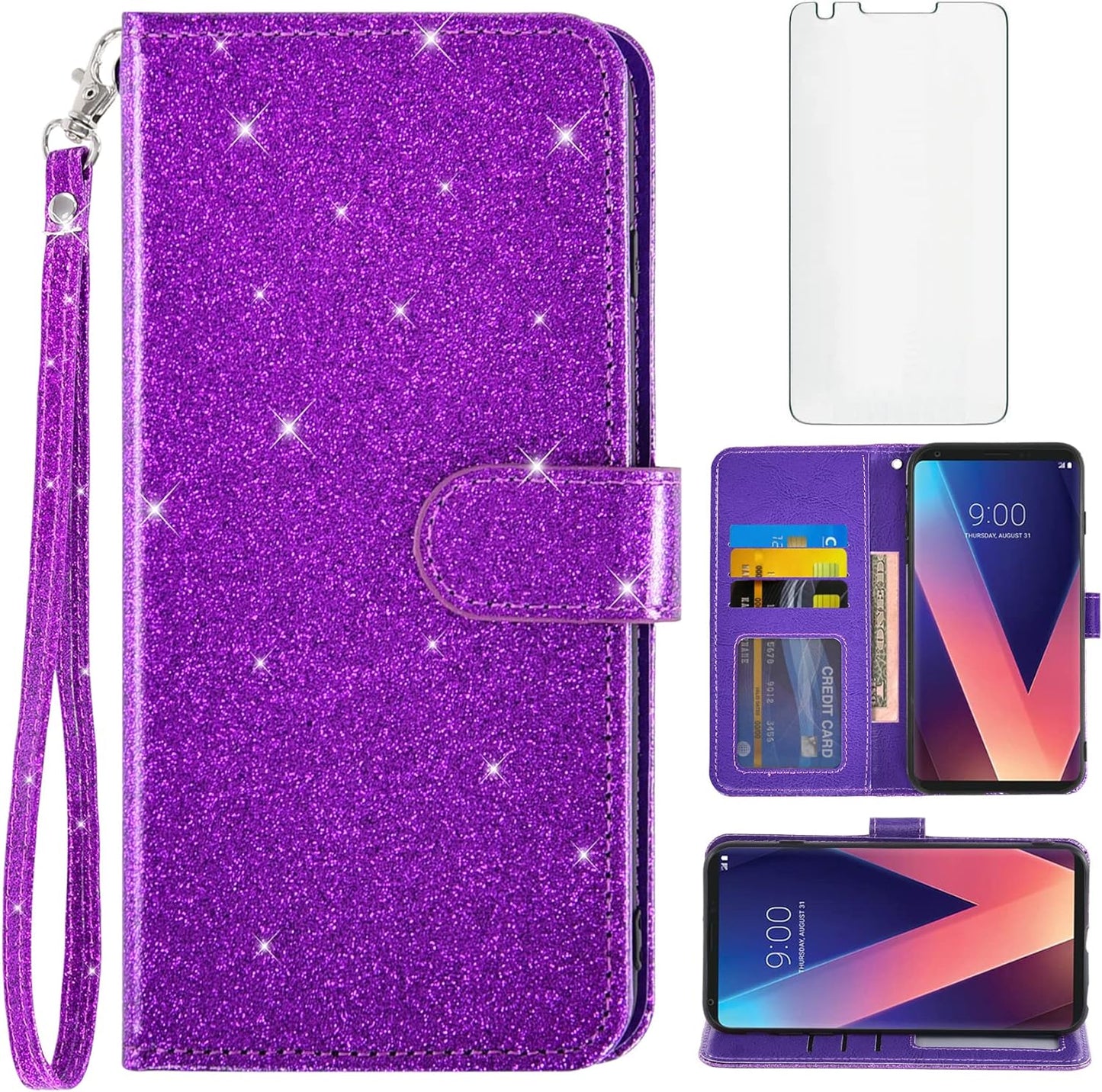 Asuwish Phone Case for LG V35 Thinq V30 plus with Tempered Glass Screen Protector and Glitter Wallet Cover Card Holder Slot Stand Flip LGV30 LGV35 LG30 LG35 V 30 35 V30+ 30+ V30S H931 Women Men Red  Asuwish Purple  