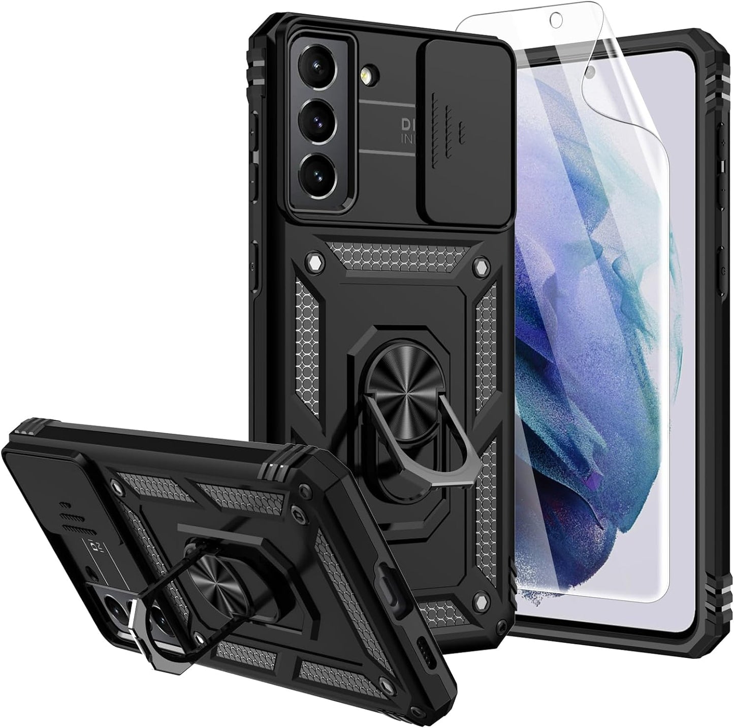 For S21 Case,Galaxy S21 Case,With Screen Protectors and Camera Cover,[Military Grade] 16Ft.Drop Tested Cover with Magnetic Kickstand Protective Case for Samsung Galaxy S21, Purple  SKMY Black  