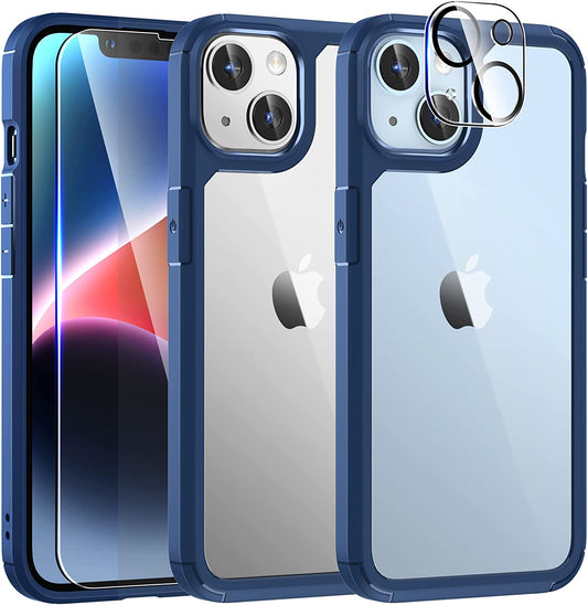 TAURI 5 in 1 Designed for Iphone 14 Case, [Not Yellowing] with 2 Screen Protector + 2 Camera Lens Protector [Military Drop Protection] Shockproof Slim Phone Case for Iphone 14 6.1 Inch-Blue  TAURI Midnight Blue  